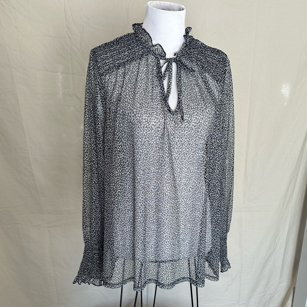 Chico's Black & Grey Sheer Ruffle Tie-Neck Blouse size 3 XL lightweight dotted